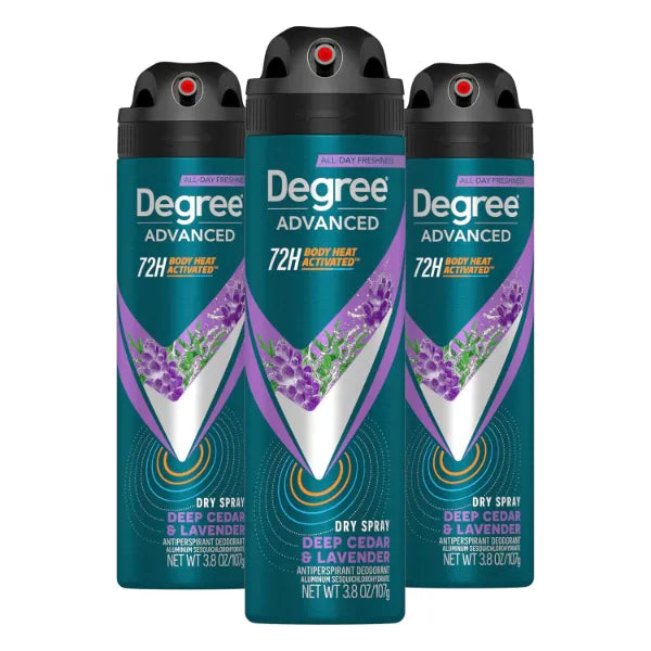 Degree Men Advanced Antiperspirant Deodorant Dry Spray Deep Cedar & Lavender, 72-Hour Sweat and Odor Protection Deodorant for Men With Body Heat Activated Technology 3.8 oz (3 Count)
