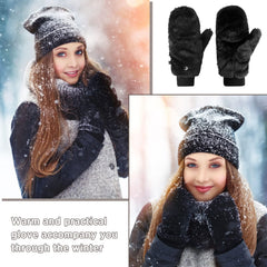 Faux Fur Mittens Fingerless Gloves Winter Warm, Soft Half Finger Fuzzy Lined Wool Mittens, Knitted Clamshell Gloves, Convertible Flips for Women Girl, Finger flexibility (2 Pair)