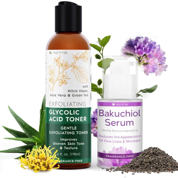 Tree To Tub Exfoliating Toner & Bakuchiol Serum Set – Gentle Skincare Duo with Glycolic Acid & Plant-Derived Retinol Alternative to Improve the Look of Dull, Uneven Skin
