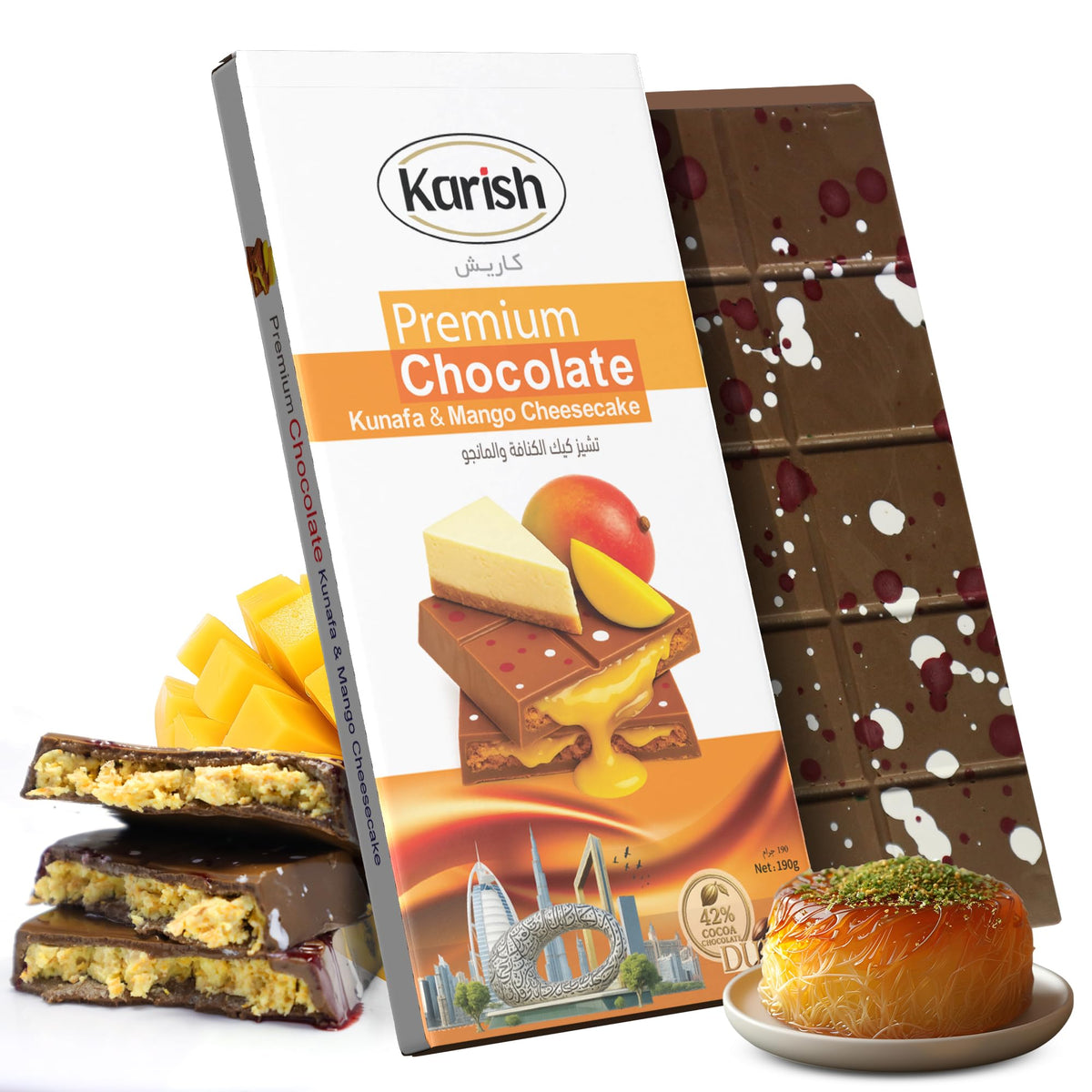 Karish Viral Dubai Chocolate Kunafa & Mango Cheesecake 190g - Fruity Gourmet Chocolate - Rich Cocoa & Tropical Arabic Dessert