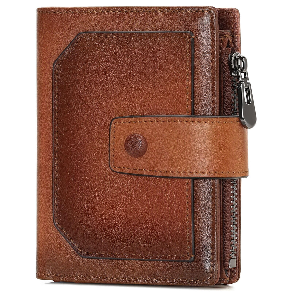 KASTWAVE Genuine Leather Wallets for Men, Bifold RFID Blocking Wallet, Small Compact Card Case Purse with Zipper, Ladies Card Holder Wallet with id Window (Brown)