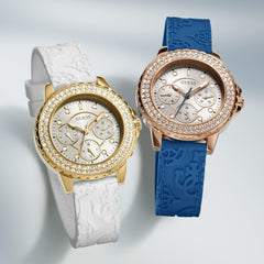 GUESS Ladies Sport Crystal Multifunction 36mm Watch – White Dial Rose Gold-Tone Stainless Steel Case with Blue Silicone Strap