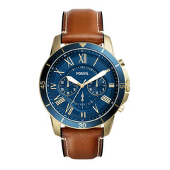 Fossil Leather Mens Quartz Watch Brown / Blue & Gold