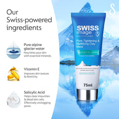 Swiss Image Essential Care Pore Tightening & Mattifying Clay Mask 75ml | Cleanses, Firms & Mattifies | Gently Exfoliates and Tightens Pores | Daily Scrub Combination to Oily Skin