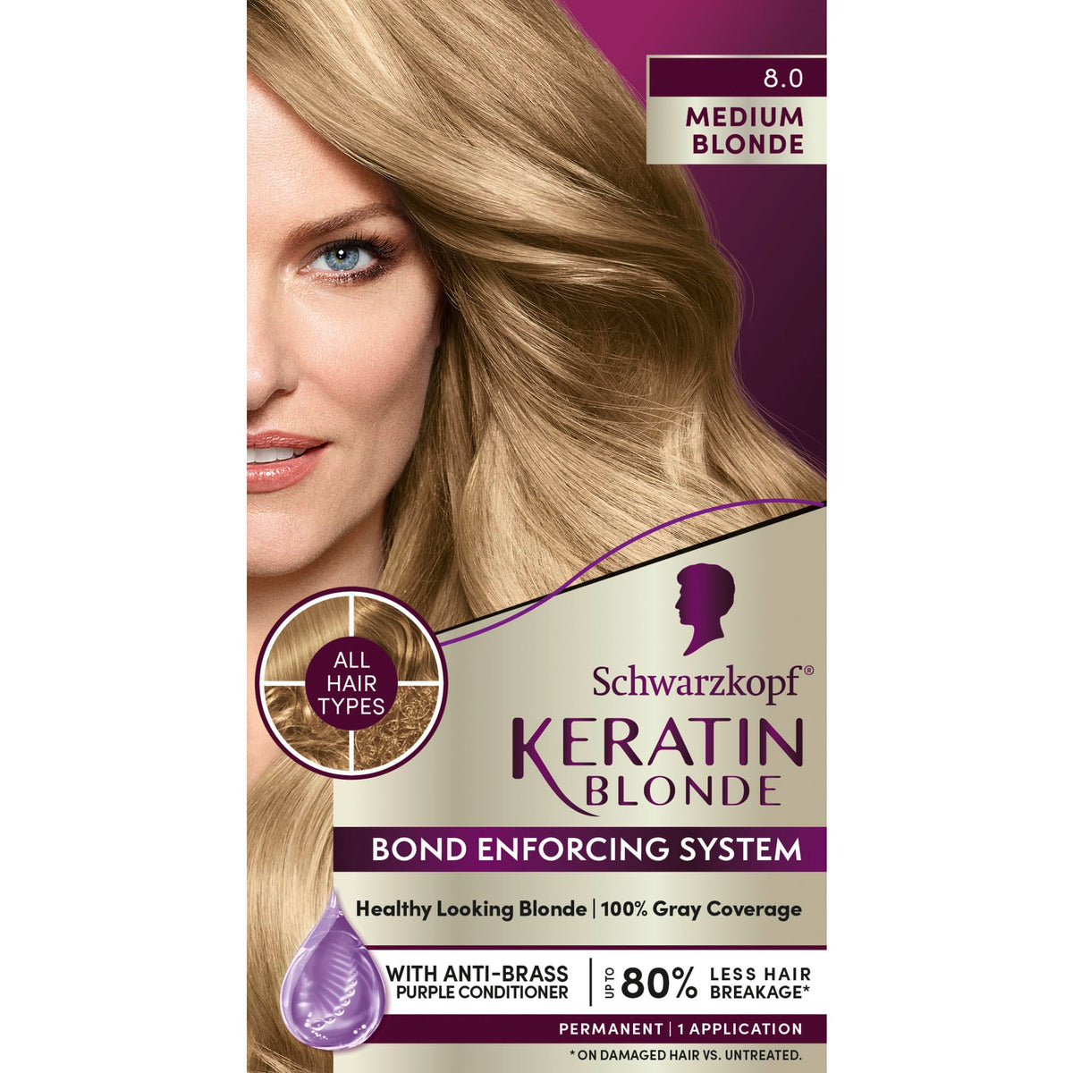 Schwarzkopf Keratin Color Anti-Age Hair Color Cream, 8.0 Medium Blonde (Packaging May Vary)