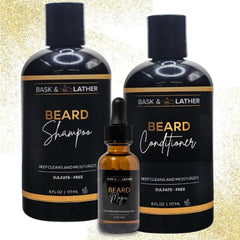 BASK & LATHER Beard Magic Trio | Beard Shampoo + Conditioner + Beard Magic | Stimulate Growth & Hydrate for Thicker, Softer, More Manageable Beard