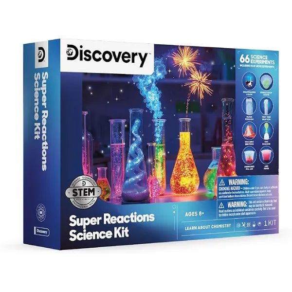 Discovery Super Reactions Science Kit 66 Experiments STEM Lab for Kids Includes Chemistry Tools, Volcano Mold, Slime, Reactions & Explosions Educational Learning Toy DIY Activity Set Gift Ages 8+