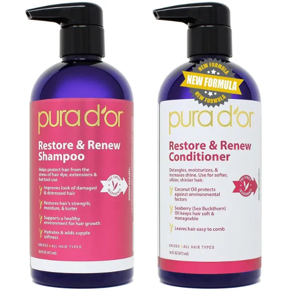 PURA D'OR Restore & Renew Shampoo and Conditioner Set for Strong, Healthy, and Nourished Hair with Organic Aloe Vera, Rosemary, Sea Buckthorn, Cacay, Coconut, Seaberry & Cedarwood