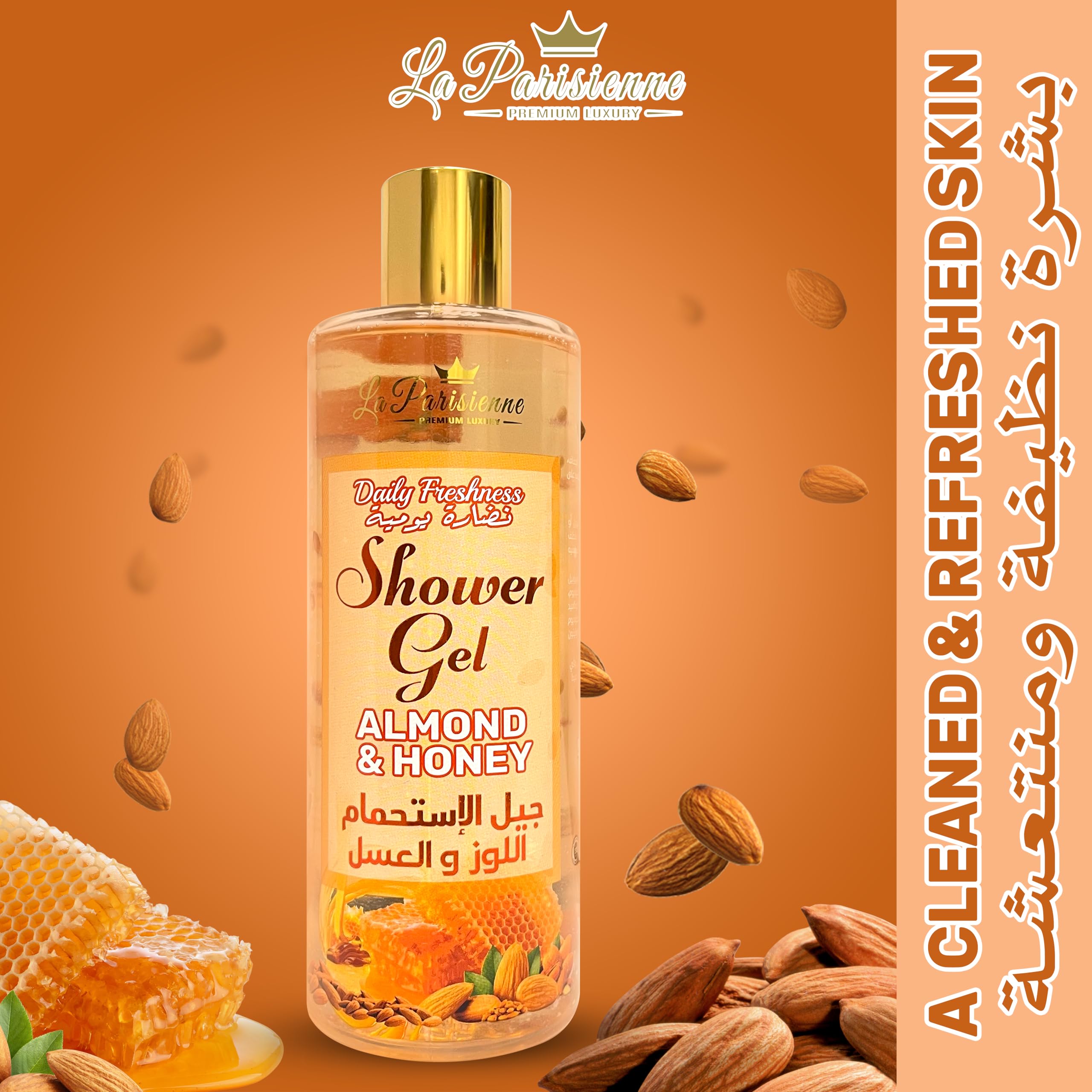 ECOLYTE+ Disinfectant La Parisienne Premium Luxury Shower Gel, Women Men with Vitamin E, Moisturizing, Soft & Silky Skin, Germ Protection, 12h Complete Odour Protection, (Almond & Honey, 500 ml)