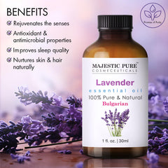 MAJESTIC PURE Lavender Essential Oil, Therapeutic Grade, Pure and Natural, Bulgarian, for Aromatherapy, Massage, Topical & Household Uses, 1 fl oz