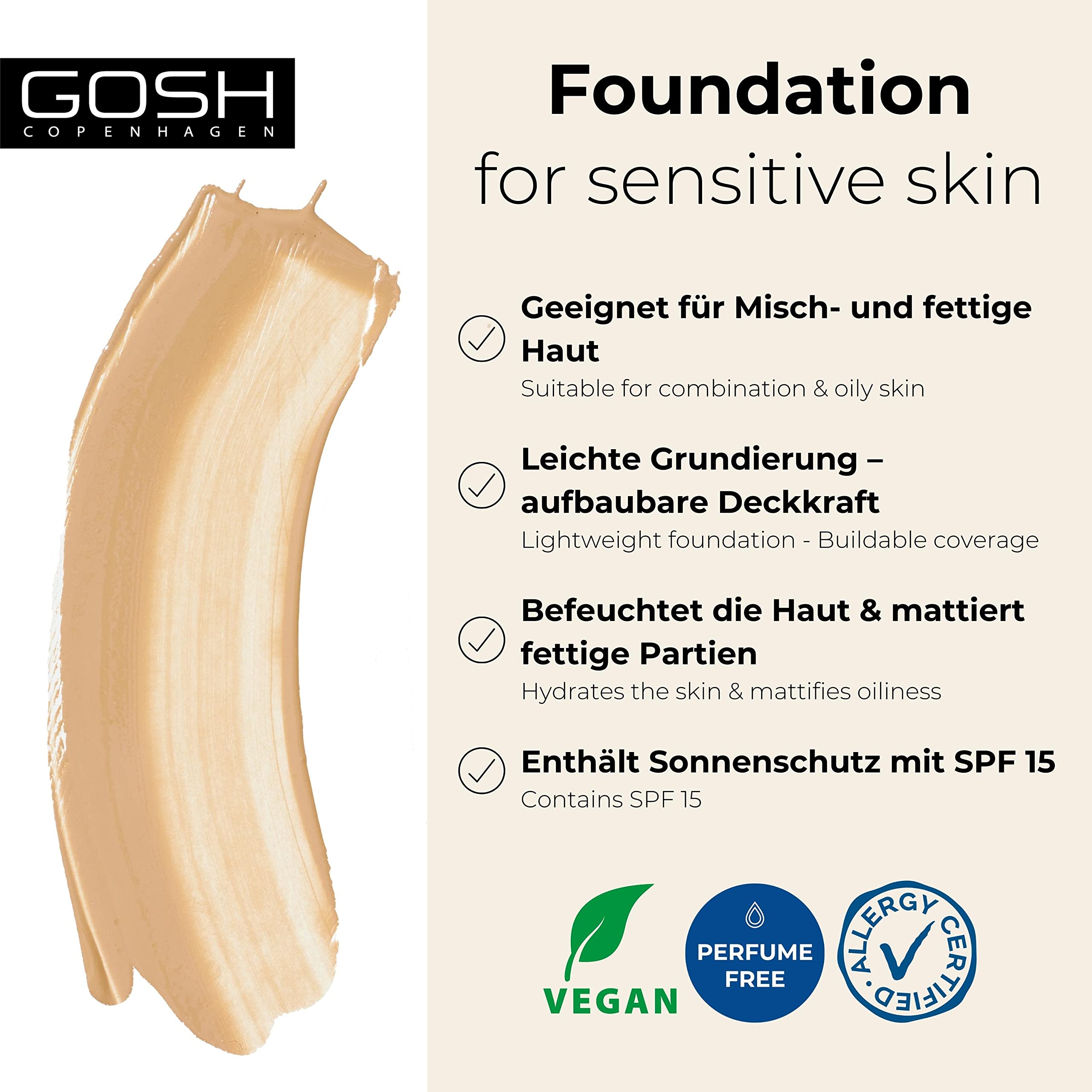 GOSH Foundation with SPF 15 for Light & Dark Skin, Vegan, Matte Makeup for Dry, Sensitive & Oily Skin, Smudge- and Sweat-Proof, Oil-Free, Adjustable Coverage, No Mask Effect, 008Y