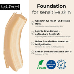 GOSH Foundation with SPF 15 for Light & Dark Skin, Vegan, Matte Makeup for Dry, Sensitive & Oily Skin, Smudge- and Sweat-Proof, Oil-Free, Adjustable Coverage, No Mask Effect, 008Y