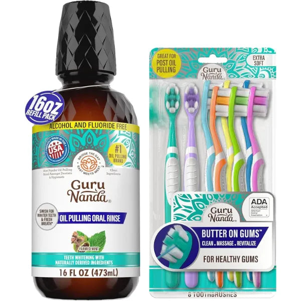 GuruNanda Complete Oral Care Bundle – Butter on Gums Softex Bristle Toothbrush & CocoMint Oil Pulling Mouthwash (16oz) for Fresh Breath & Happier Gums