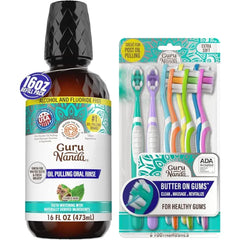 GuruNanda Complete Oral Care Bundle – Butter on Gums Softex Bristle Toothbrush & CocoMint Oil Pulling Mouthwash (16oz) for Fresh Breath & Happier Gums
