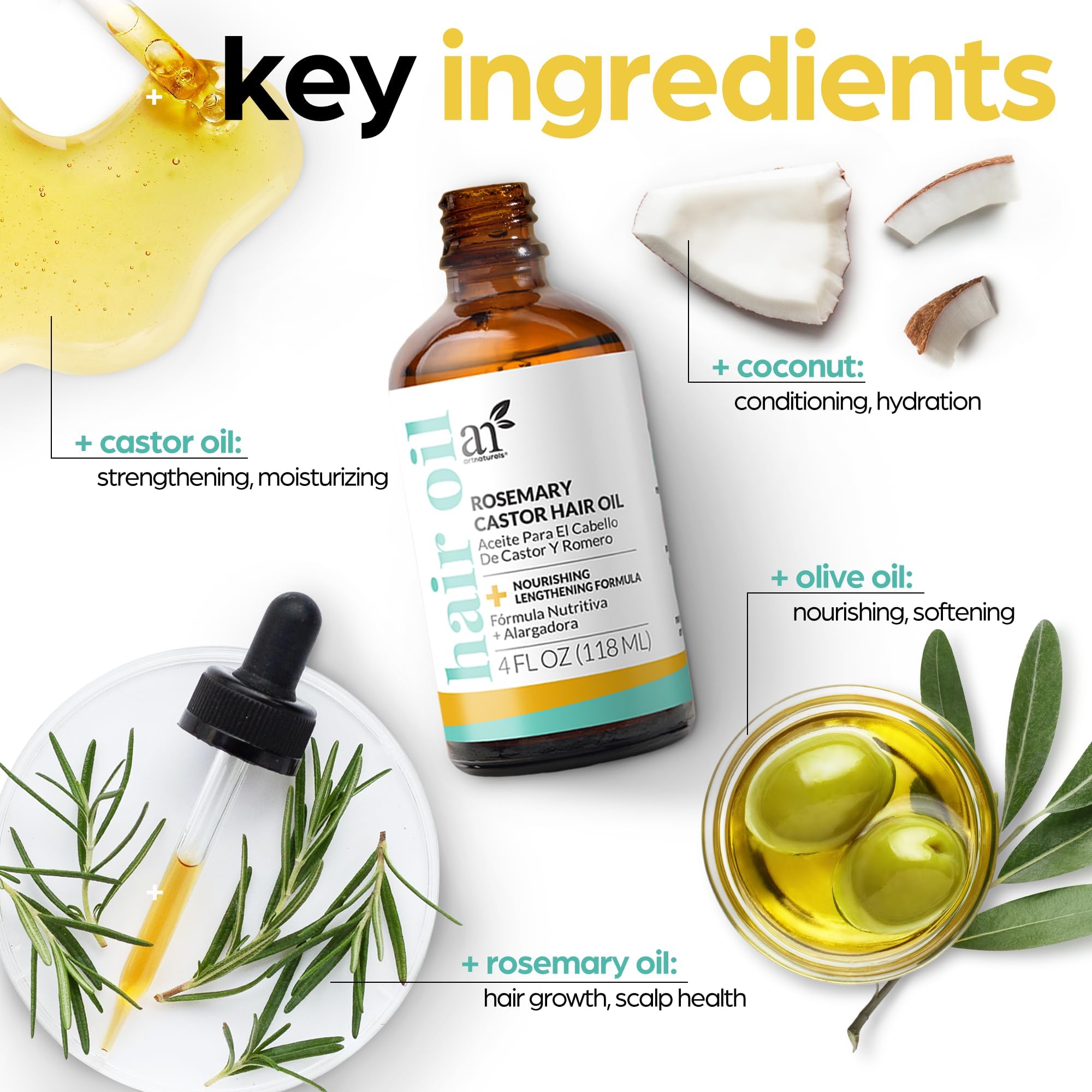 artnaturals Organic Rosemary Castor Hair Growth Oil 4.0oz with Coconut & Olive Oil - Invigorating Nourishing Treatment for Hair & Scalp, Targeting Dryness, Damaged Hair, Split Ends for Healthy Hair