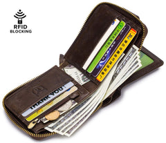 BULLCAPTAIN Mens Genuine Leather Zipper Wallet RFID Blocking Bifold Zip Around Multi Credit Card Holder,Big (brown)