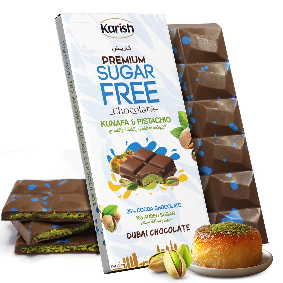 Karish Pistachio Kunafa Chocolate Bar – 100g - Rich Cocoa & Nutty Gourmet Treat - Low-Sugar Arabic Dessert - Handmade Luxury Sweet