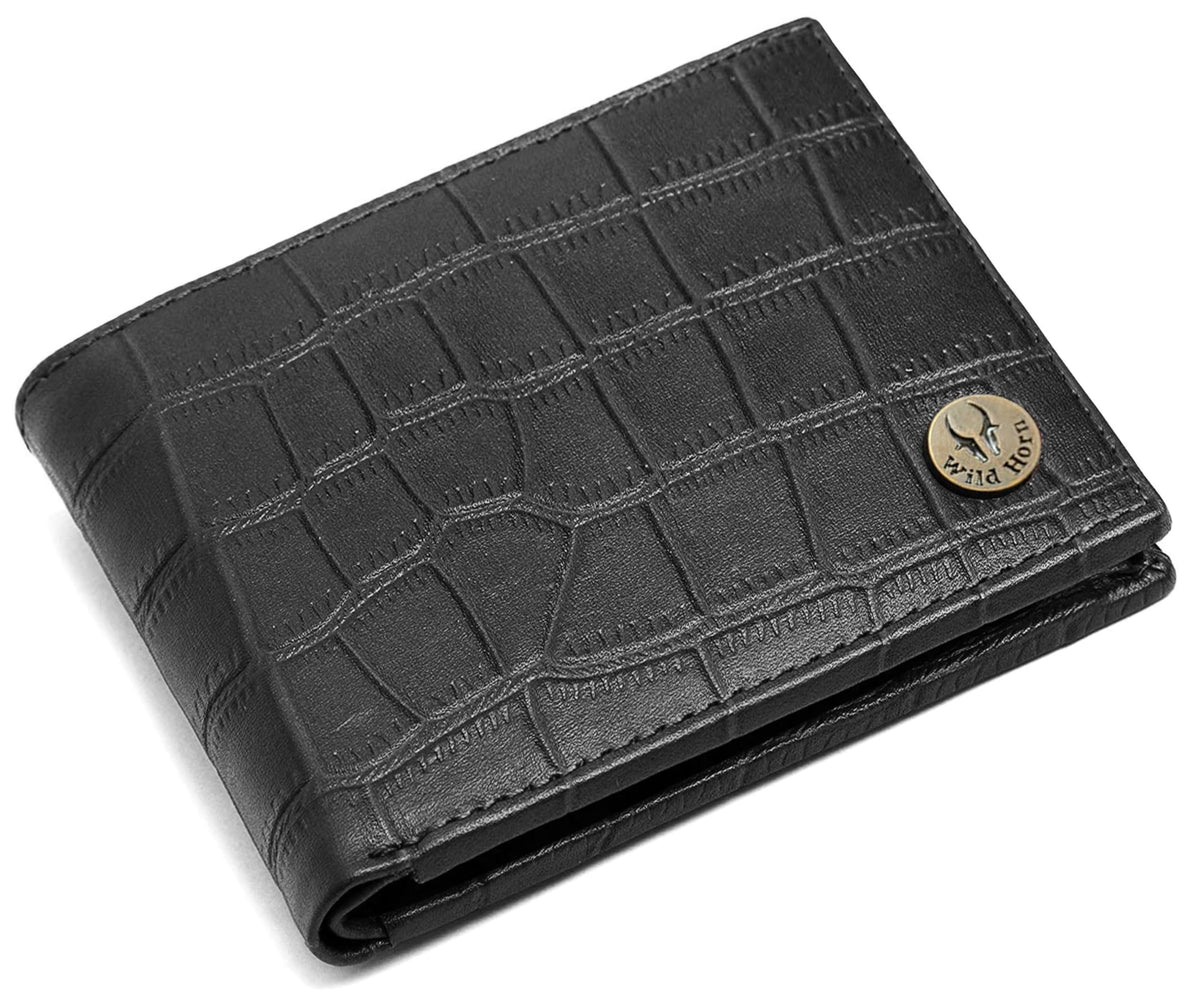 WildHorn® RFID Protected Genuine Leather Wallet & Gift Combo for Men - Black Croco Print