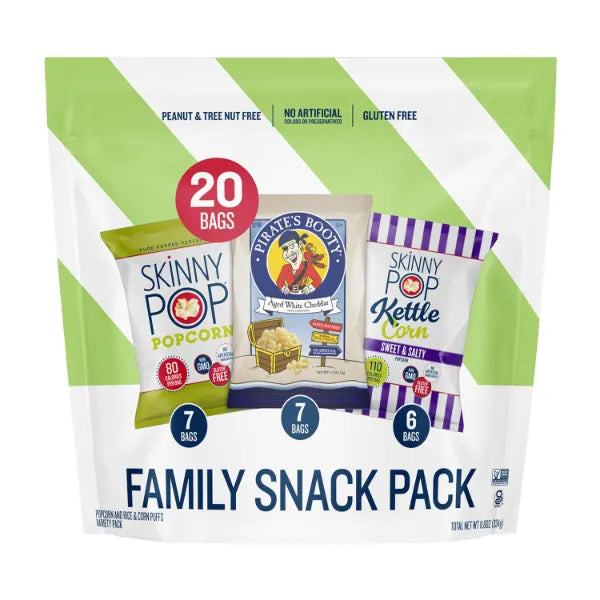SkinnyPop Family SnackPack Original, Pirate's Booty and SkinnyPop Kettle, Gluten Free, Non-GMO, Vegan Popcorn, Healthy Snacks, 0.5oz Indivudlaly Sized Bags, (20 Count)