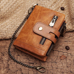 SLGOL Mens Chain Wallets with Anti-Theft Chain, Genuine Leather Purse RFID Blocking Bifold Wallet with Coin Pocket Purse (Brown)