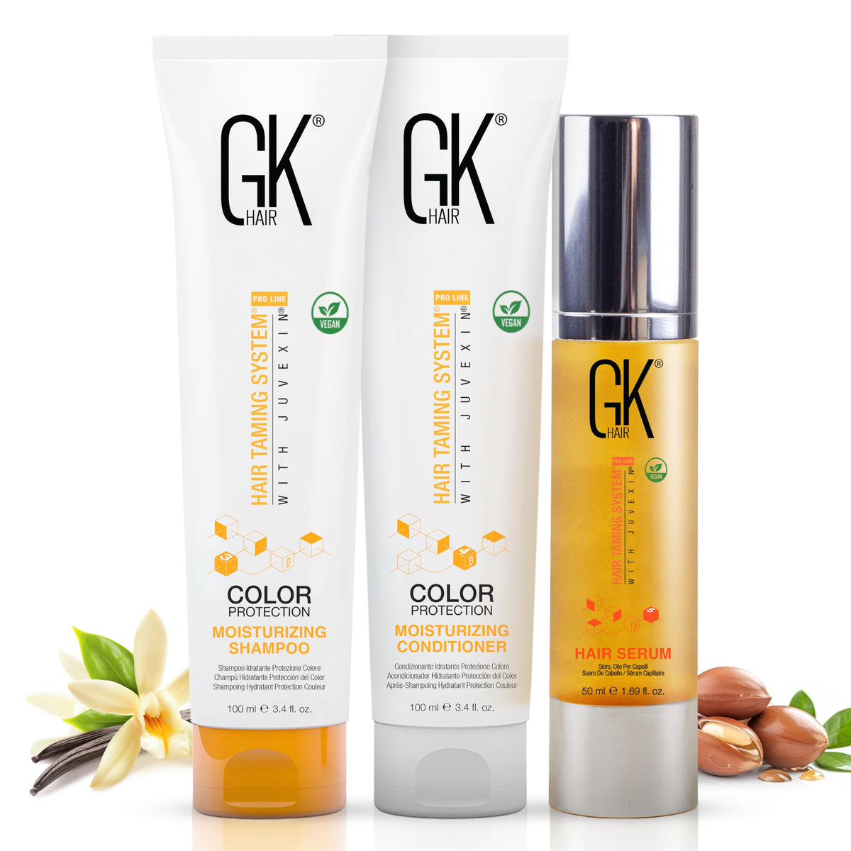 GK HAIR Global Keratin Moisturizing 2-in-1 Shampoo and Conditioner Sets Color Protection 100ml with Anti-Frizz Hair Serum 50ml Intense Moisture Pack Trio - For Dry Damaged and Color Treated Hair