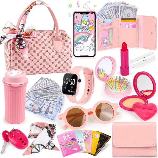 Play Purse for Little Girls, 32PCS Toddler Purse with Pretend Makeup for Kids, Princess Toys Includes Handbag, Phone, Wristwatch, Silk Scarf Kids Toy Purse Birthday Gift for Girls