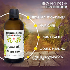 Drsous Ca Organic Grapeseed Oil 100ml | 100% Pure Cold Pressed Carrier Therapeutic Grade Oil for Hydrating Skin, Hair care and Massage for Muscle Discomfort | Made in Palestine
