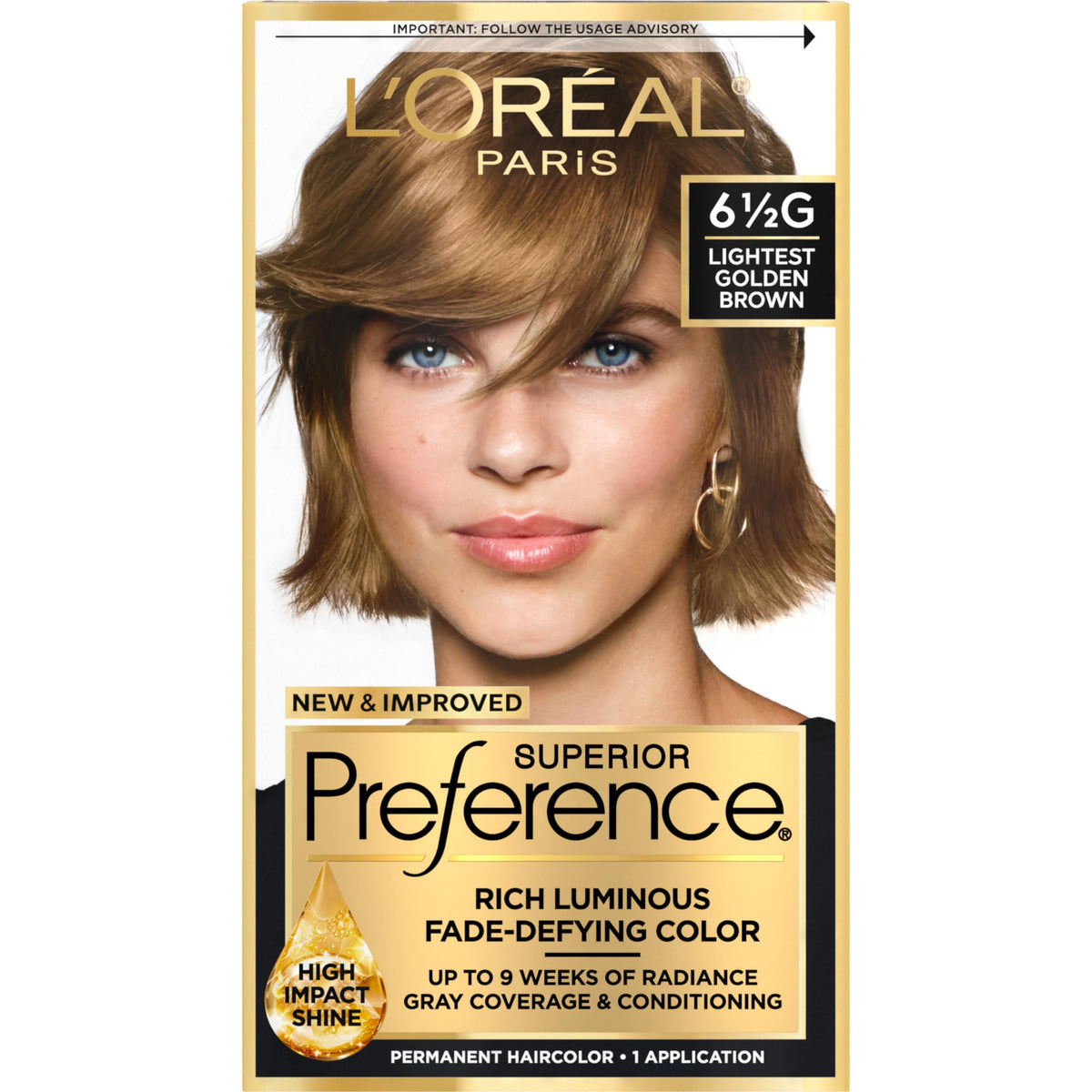 L’Oréal Paris Superior Preference Fade-Defying + Shine Permanent Hair Color, 6.5G Lightest Golden Brown, Pack of 1, Hair Dye