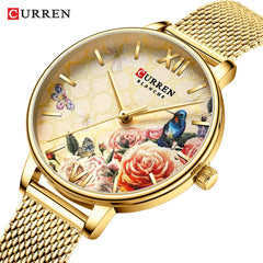 CURREN 9060 Luxury Casual Business Quartz Flower Dial Elegant with Stainless Steel Mesh Strap Band Wrist Watch For Women