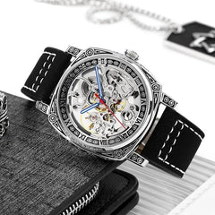 SKMEI Wrist Watch for Men, , Silver Skeleton Dial Automatic Movement Leather Watch