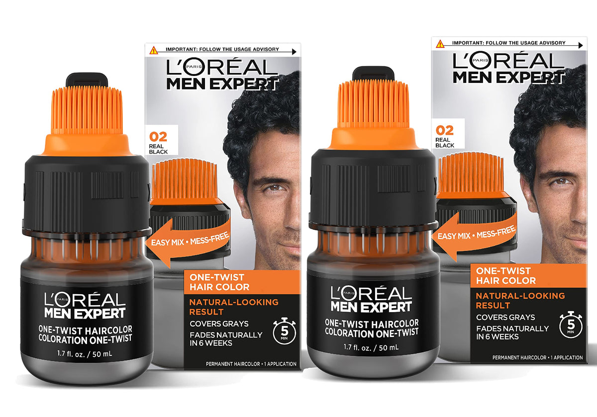 L'Oreal Paris Men Expert One Twist Haircolor, No Mix, No Mess, Just Twist, Shake, Apply, Fades Naturally In 6 Weeks, 5 Min Application time, No Ammonia, Pack 100% Recyclable, Real Black 02, 2 kit