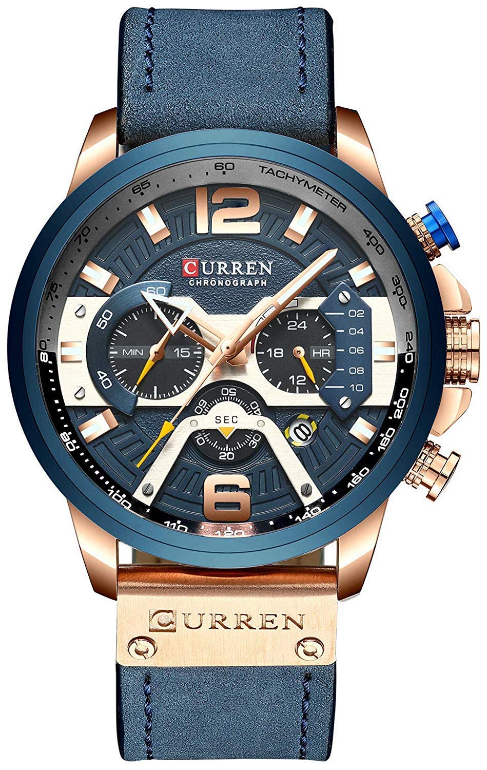 CURREN Mens Leather Watch Chronograph Fashion Military Multi-Function Waterproof Quartz Watch Leather Strap (Gold) (Blue)