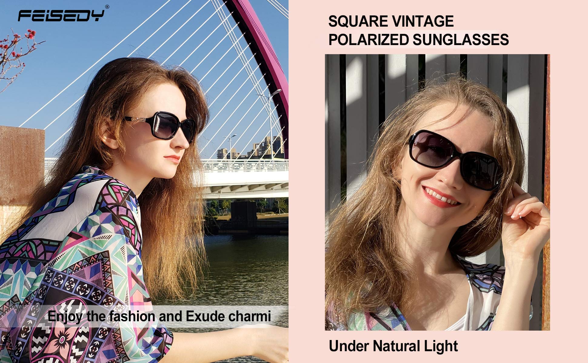 FEISEDY Women Polarized Sunglasses 100% UV400 Vintage Square Sun Glasses Outdoor Driving Fashion Shades for Women B2526