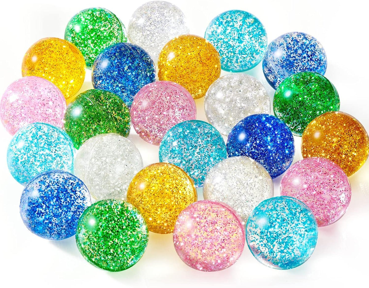 YLMKDE 24PCS Glitter Bouncy Balls for Kids Party Favors, 32mm 6 Colors Rubber Bounce Balls Bulk,Party Favors, Goodie Bags Fillers, Birthday Day Gifts and Prize
