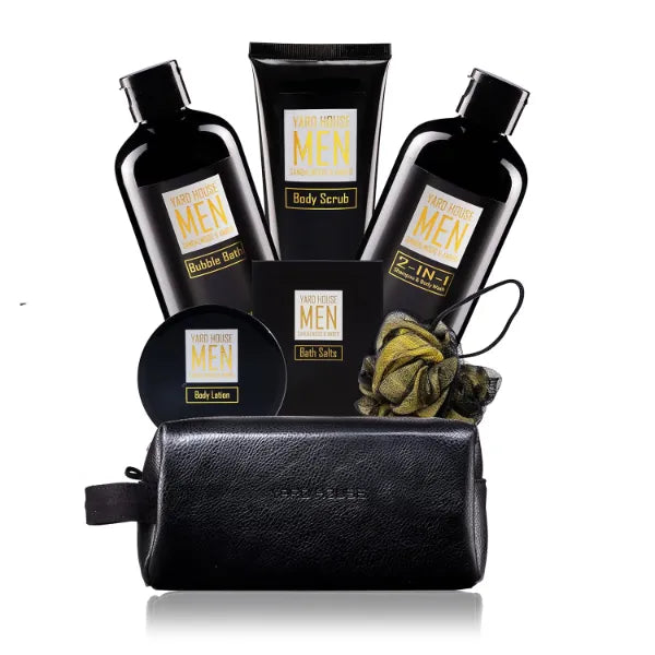 Yard House Bath & Body Spa Gift Baskets Set for Men – Sandalwood & Amber Full Size Spa Kit with Toiletry Bag