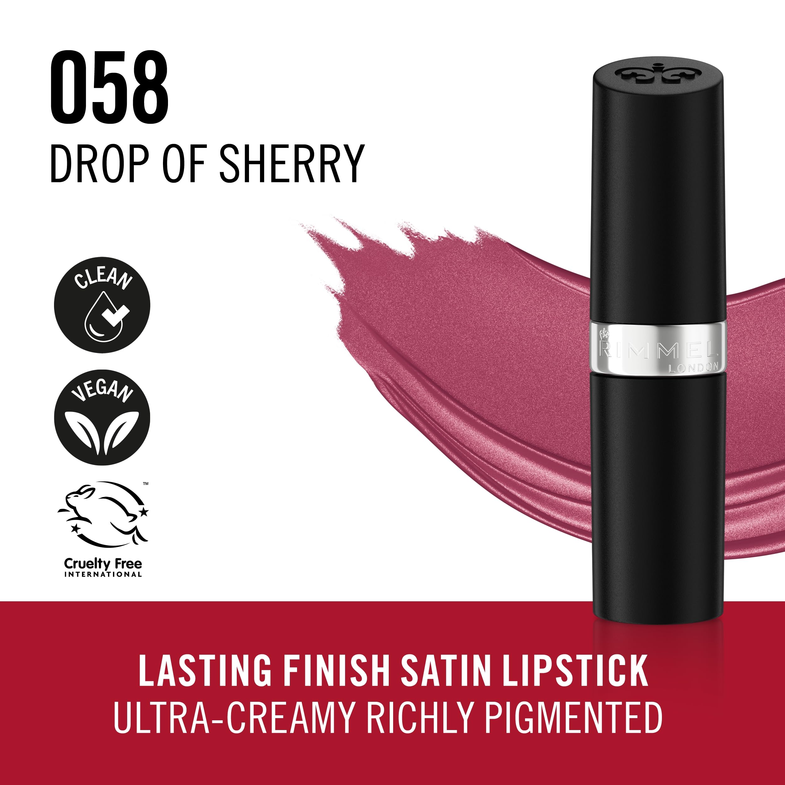 Rimmel Lasting Finish, 058 Drop Of Sherry, Satin Lipstick, Long-Lasting, Satin Finish, Rich Colour, Moisturising, Vegan Formula, 4g