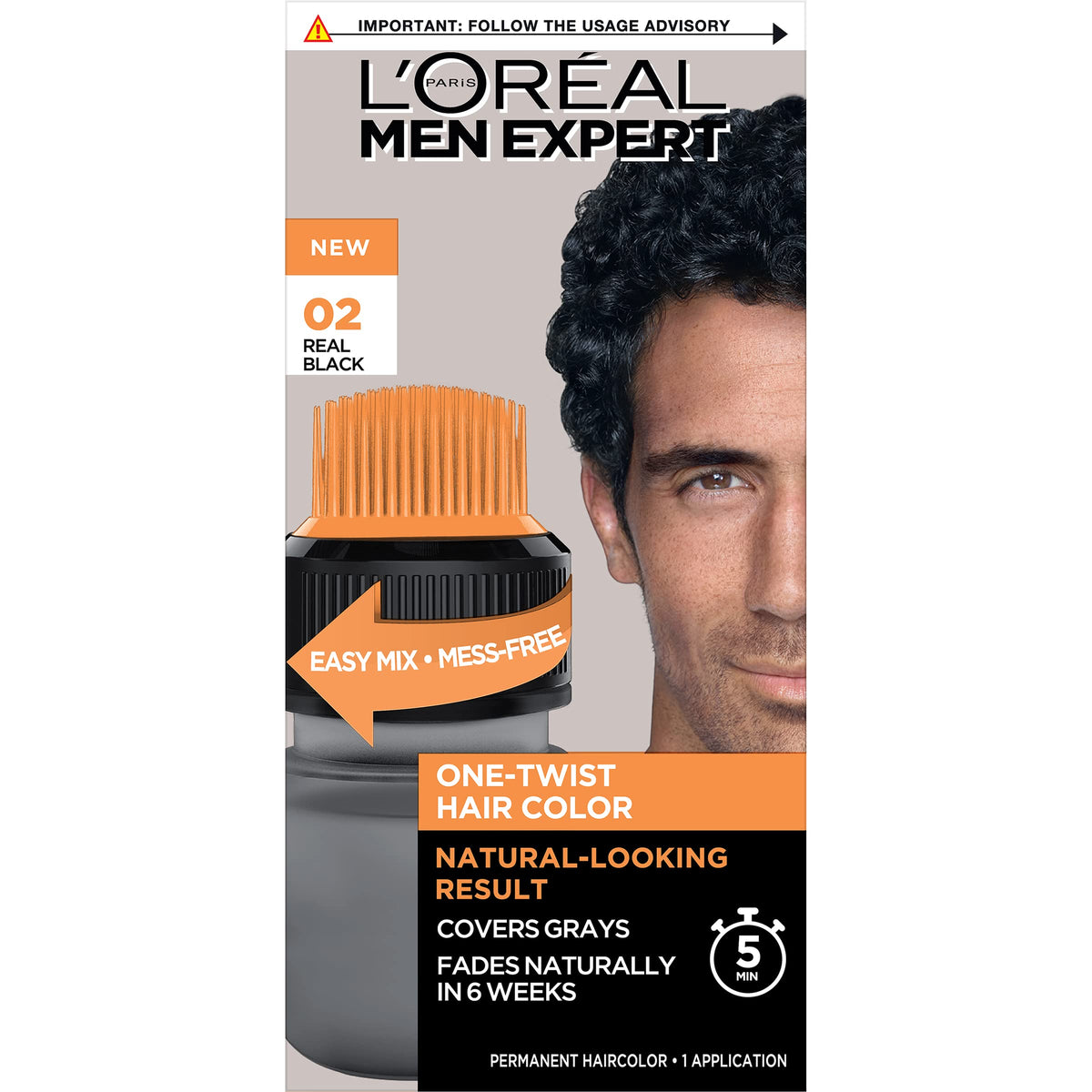 L’Oréal Paris Men Expert One Twist Mess Free Permanent Hair Color, Mens Hair Dye to Cover Grays, Easy No Mix Ammonia Free Application, Real Black 02, 1 Application Kit