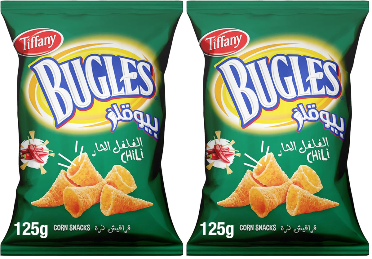 Tiffany Bugles Chili, Unique Funnel shaped Snacks, Crispy Corn-Meal Crunch - 125g (Pack of 2)