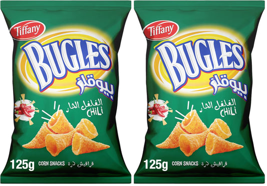 Tiffany Bugles Chili, Unique Funnel shaped Snacks, Crispy Corn-Meal Crunch - 125g (Pack of 2)