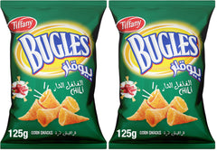 Tiffany Bugles Chili, Unique Funnel shaped Snacks, Crispy Corn-Meal Crunch - 125g (Pack of 2)