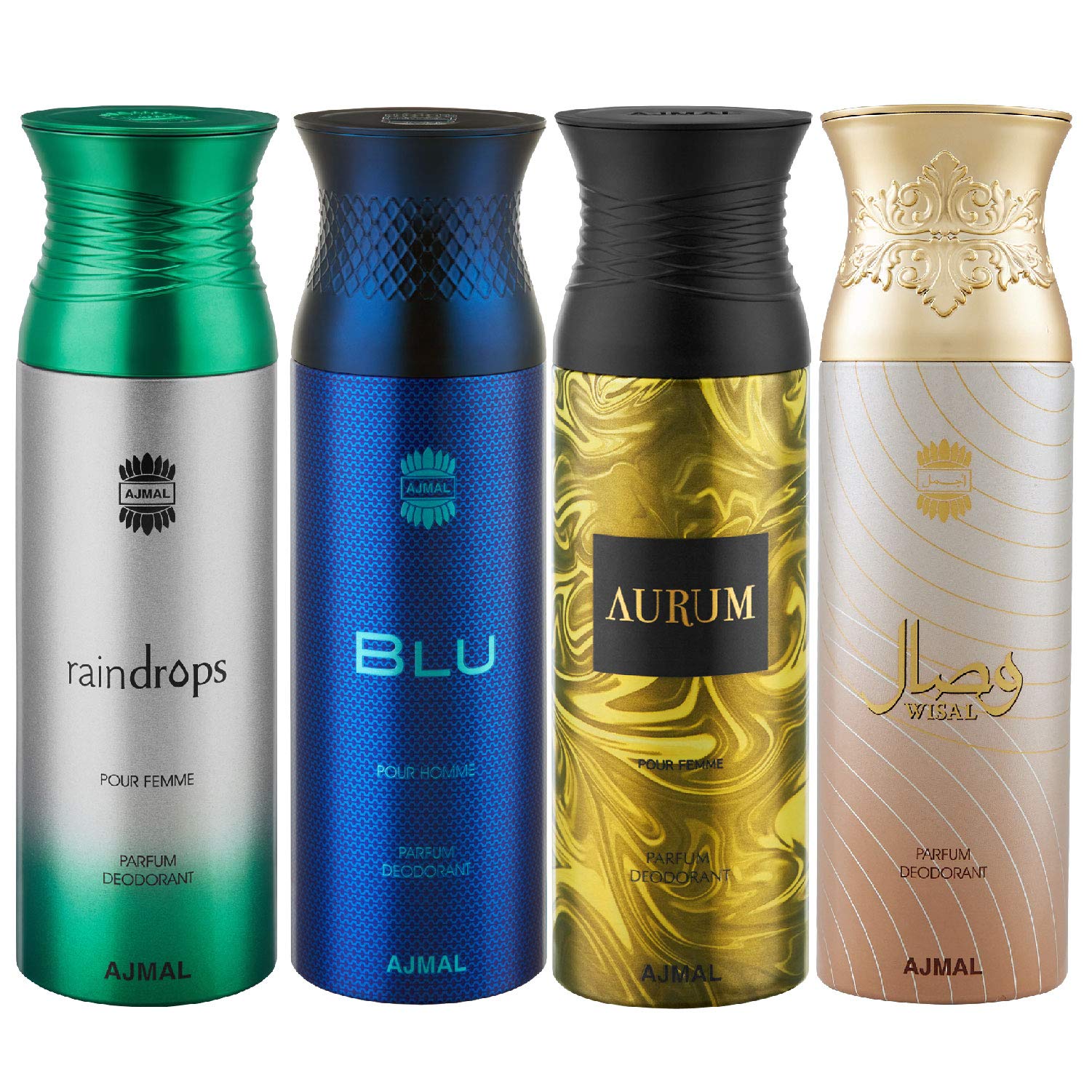 Ajmal Raindrops & Blu & Aurum & Wisal Deodorant Spray For Men 200ml each (Pack of 4, 800ml) + 4 Parfum Testers Free