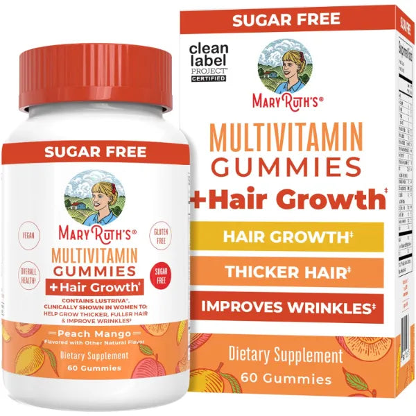 MARYRUTH'S Multivitamin + Hair Growth Gummies, Thicker Hair, 30 Servings | With Lustriva®, Biotin 10000mcg, B Vitamins, Formulated for Thicker Hair, Wrinkles, Fine Lines, Skin Care