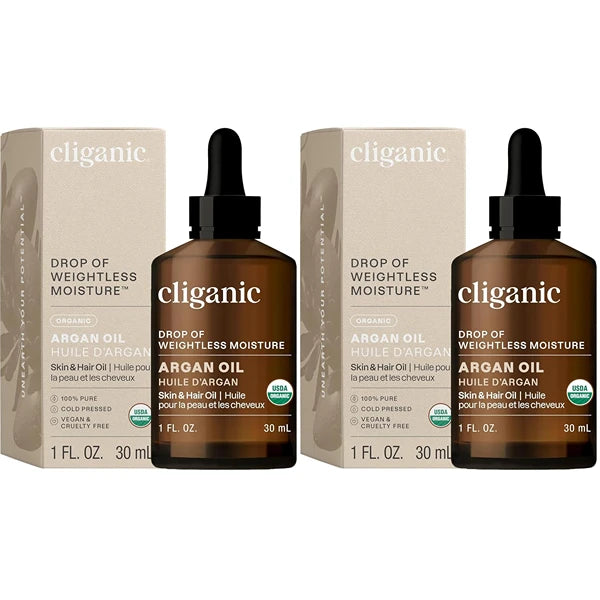 Cliganic Organic Argan Oil, 100% Pure (1oz) - for Hair, Face & Skin | Cold Pressed Carrier Oil (Pack of 2)