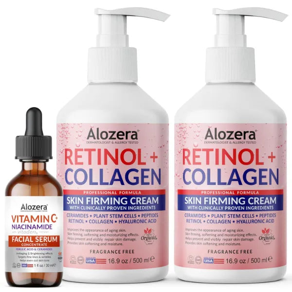 Alozera Retinol + Collagen Firming Body Lotion (2-Pack) with Vitamin C Serum with Niacinamide & Ferulic Acid – Firming, Hydrating & Radiance-Enhancing Skincare Set for Face, Neck & Body, Fragrance-Free