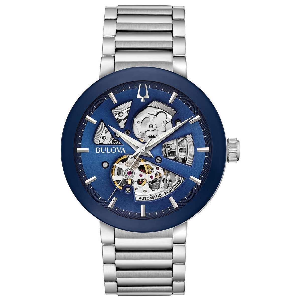 Bulova Men's Modern 3-Hand Automatic Watch, Open Aperture Dial and Edge to Edge Crystal - Silver Tone