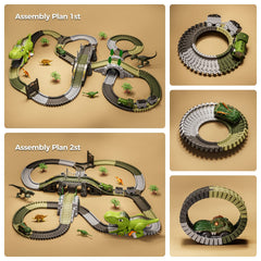 TUMAMA Dinosaur Race Track Toys,Flexible Train Tracks with 4 Dinosaurs Figures,281 Pcs Dinosaur Train 2 Electric Race Cars with Lights - Create A Dinosaur World Road Race for Kids 3 4 5 6+ Years