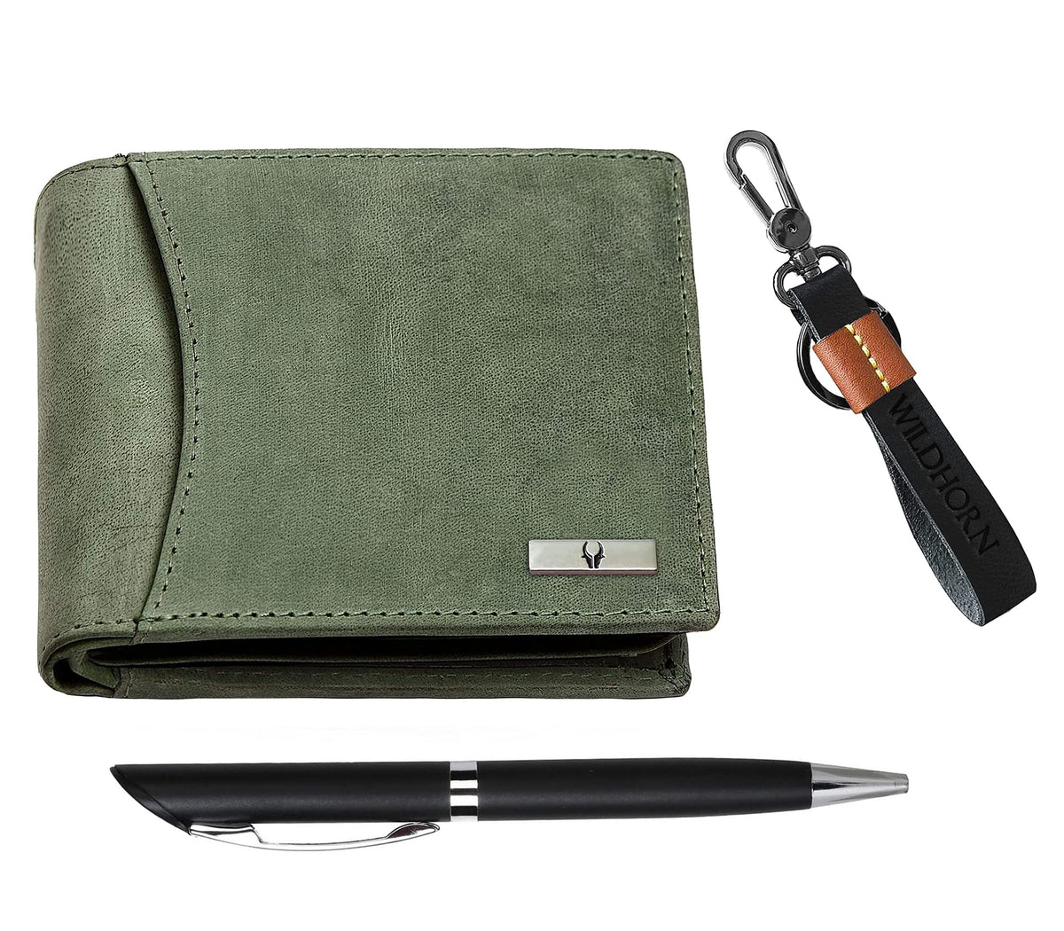 WildHorn® RFID Protected Genuine Leather Wallet & Gift Combo for Men - Green H M