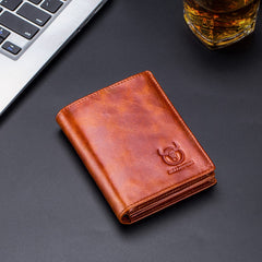 BULLCAPTAIN Large Capacity Genuine Leather Bifold Wallet/Credit Card Holder for Men with 15 Card Slots QB-027 (Reddish Brown)