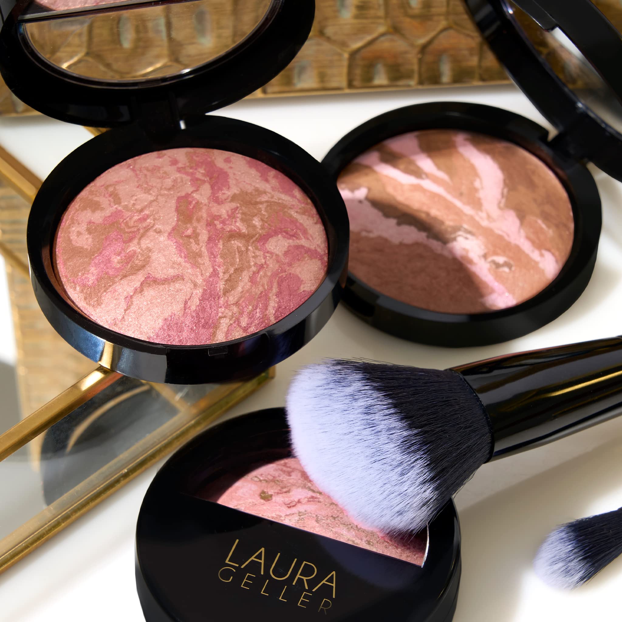 (Rose Bronze) - LAURA GELLER Baked Blush-n-Bronze Marbleized 2-in-1 Bronzer Blush Contour Face with a Radiant Flush, Rose Bronze