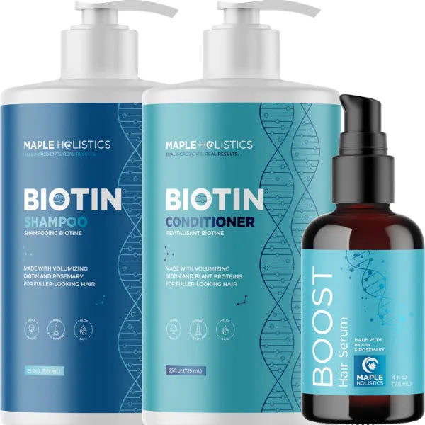 Maple Holistics BOOST Biotin Hair Serum plus Biotin Shampoo and Conditioner Set - Hair Thickening Serum with Castor and Rosemary Oil plus Volumizing Shampoo and Conditioner with Biotin Bundle